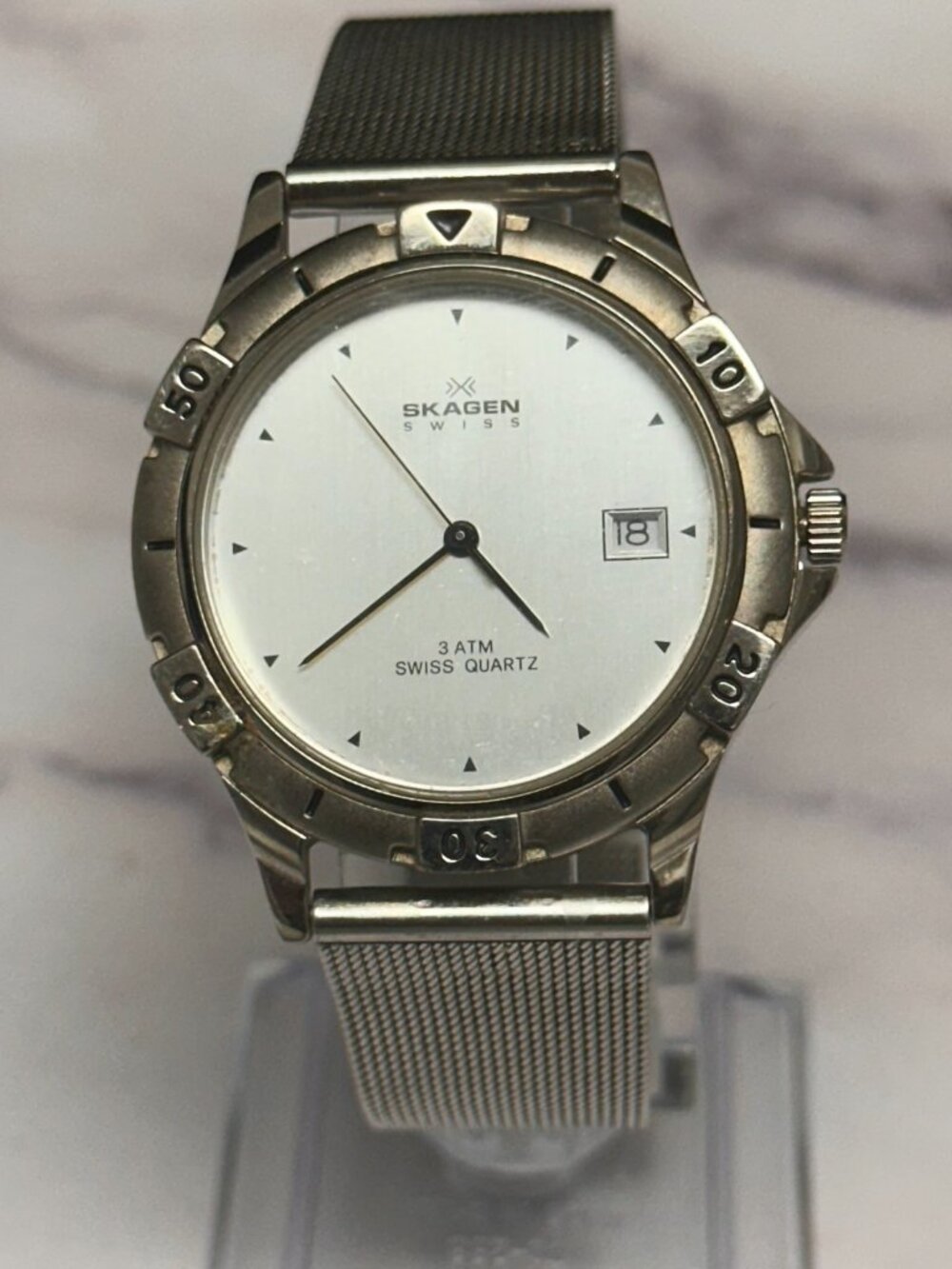 Skagen Mens Watch 36mm Swiss Silver Tone Stainless Date Window New Battery